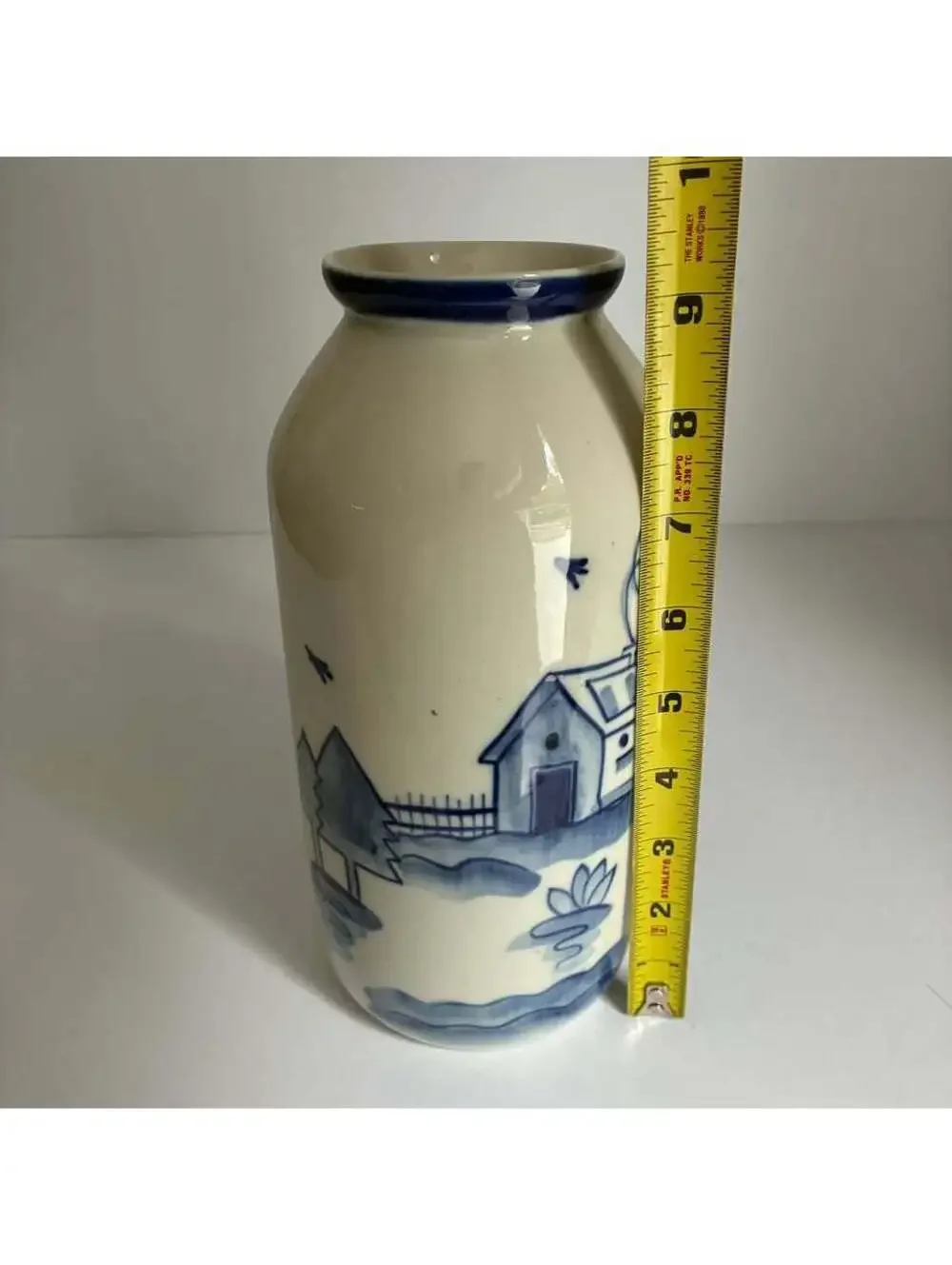 Vintage USSR Blue White Porcelain Vase Gzhel Style Russian Folk Art Village